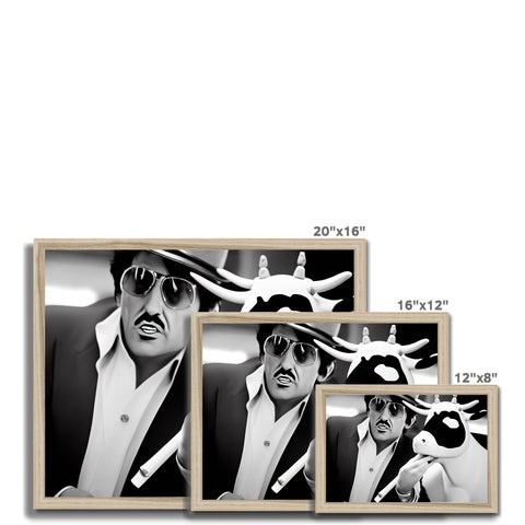 Photo frames with stickers on them with a man wearing glasses and a mustache.