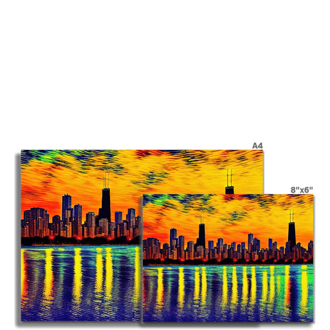 A colorful view of two pictures of a cityscape on a pillow.