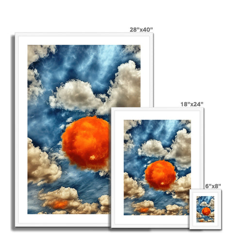 Multiple photographs of orange oranges next to each other and under clouds on a black frame.