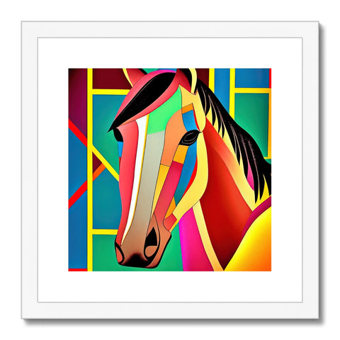 An art print of a horse at attention in front of trees.