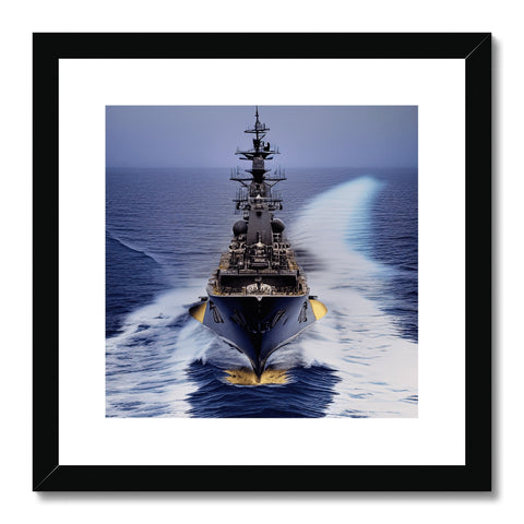 a picture of a small navy ship looking down for missiles with an art print and the