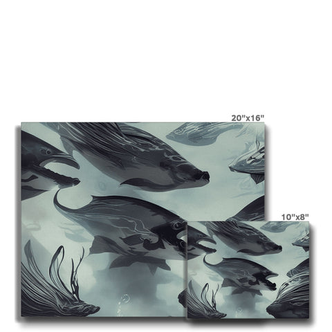 Black plastic wall tiles with pictures of whales on it near the ocean.