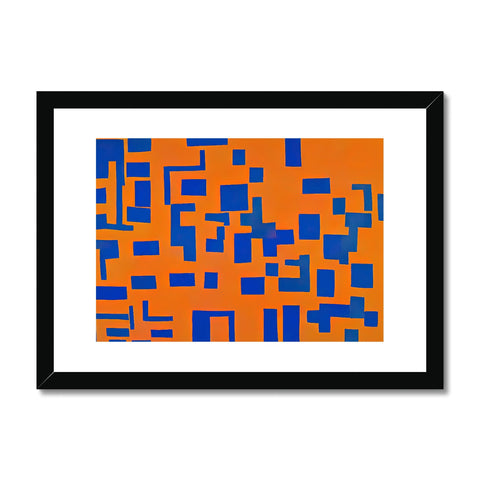 An art print with a wall topped with orange lines and orange stripes.