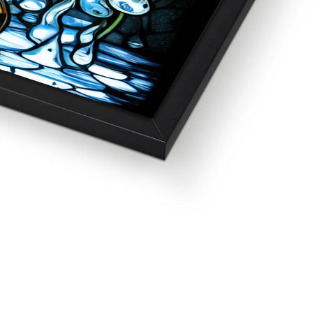 A frame containing a clock and a small piece of artwork on another side.