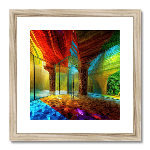 A colorful wall art print with rainbow prints laying on top of wood.