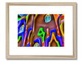An abstract image of a sculpture on a display board with a framed print on it.