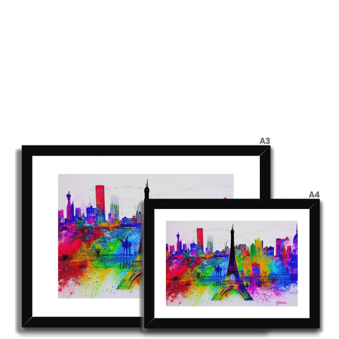 A colorful scene of three art prints with a city skyline around it