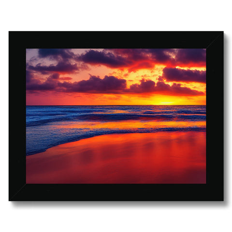 A colorful image on a black, white picture frame of a sunlit beach.