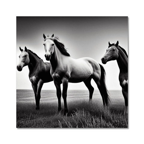 Three horses standing in an open field on a grassy area.