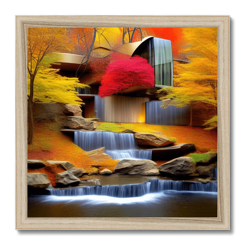 An art print of autumn foliage is hanging on a wall opposite a waterfall.