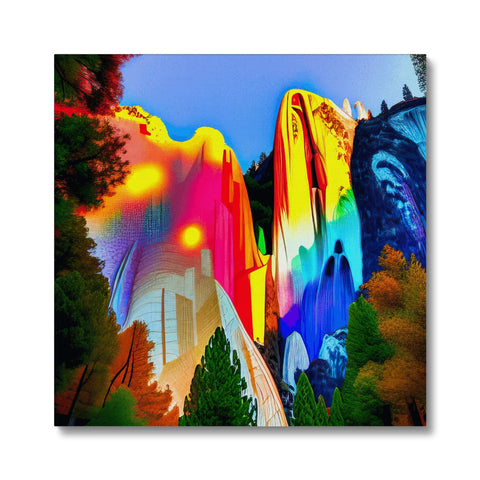 A mural print depicting a rainbow next to a cliff and other trees.