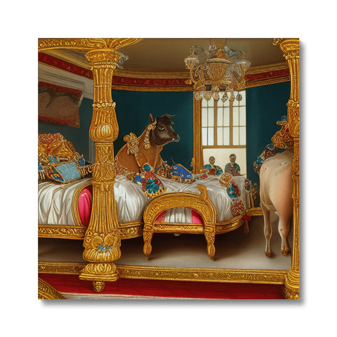 A bed with a picture of a carrousel on top of it, mirror and