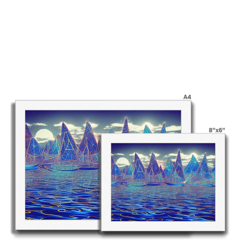 Art print of three sailboats with wind turbines on them at the water.