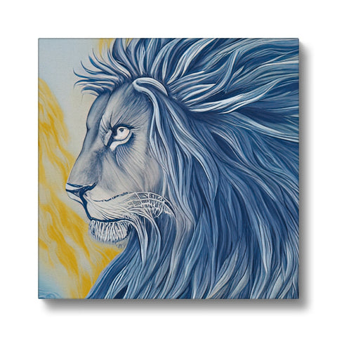 A lone lion standing in front of an   art print on a plate.