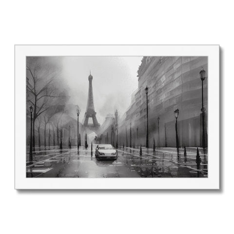 A large black and white picture of a street in Paris.