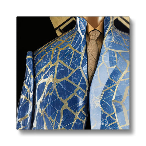 A large square photo of a blue suit jacket with side buttons and a tie.