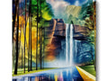 Art prints hanging behind a waterfall with colorful colored water falls in the background.