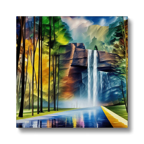 Art prints hanging behind a waterfall with colorful colored water falls in the background.