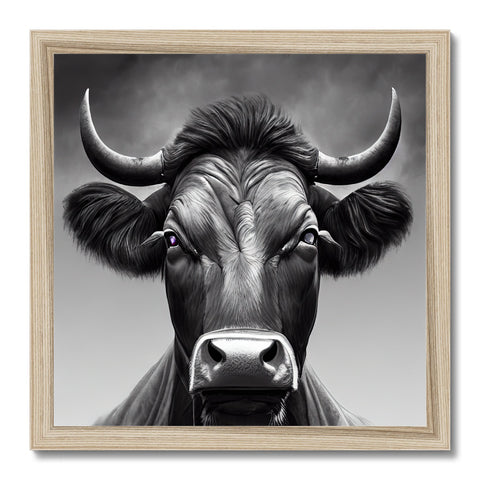 a large black and white picture of a bull with horns on its head