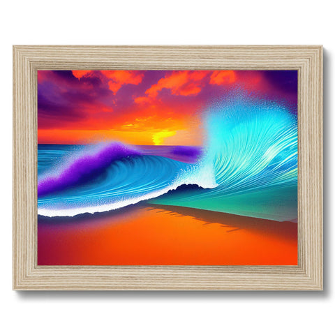 A framed picture of a sunset is on a wooden frame and has colorful ocean waves.