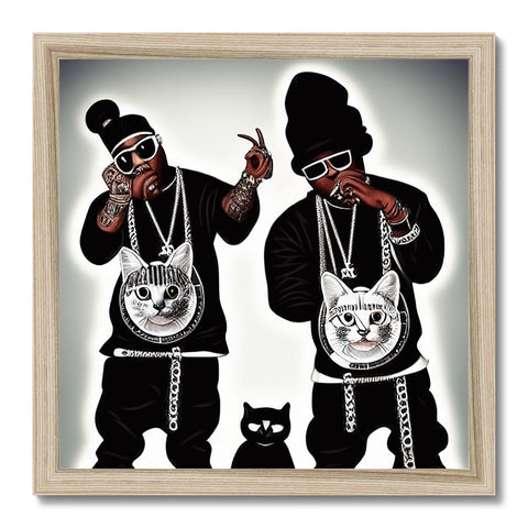 Two cats sitting on top of a black vinyl art poster with a picture of red,