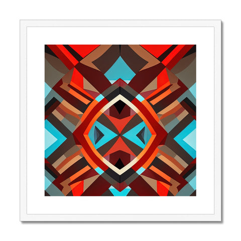 an art print with a geometric pattern in front of the mirror standing on a wall.