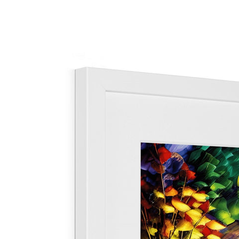 A picture frame on top of a white wall with colorful paper.