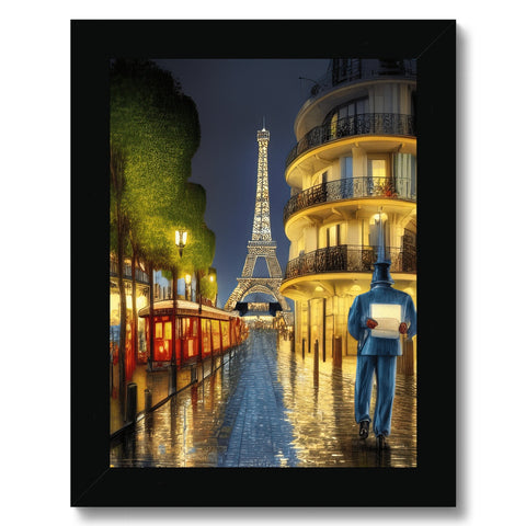 A greeting card art print near buildings with a reflection of the Eiffel Tower on