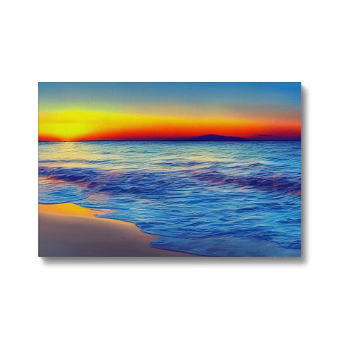 A colorful print of a sun setting image of a beach with waves, snow, and