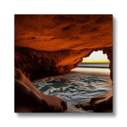 An art print with rock near a cliff in an open cave.