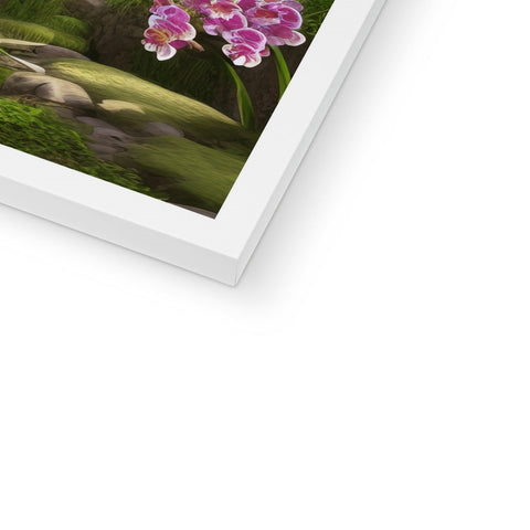 A white picture frame with a beautiful floral background and other pictures.