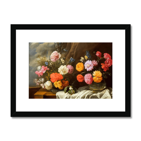 A white framed art print with roses and red flowers in the background.