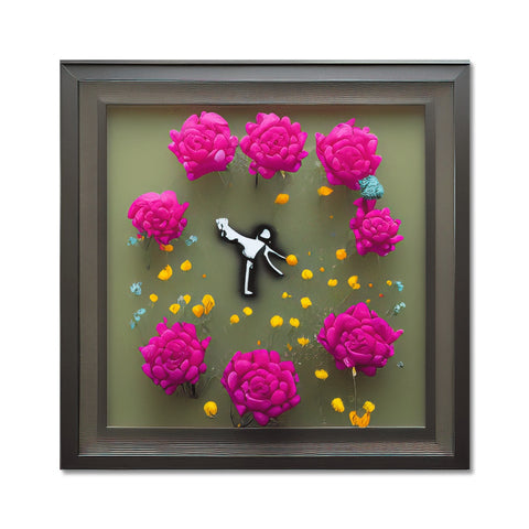 A decorative clock hanging from a wall next to some flowers.