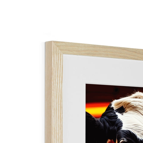 A picture on top of a wooden frame is close-up of a dog.