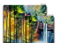 A wood panel painting with rainforest with blue trees and beautiful waterfalls.