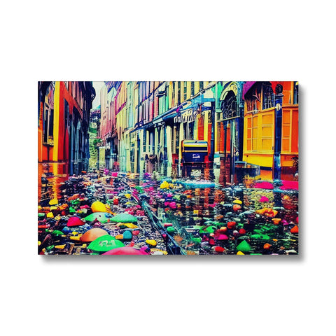 Art prints in a street decorated with rain and light colors.