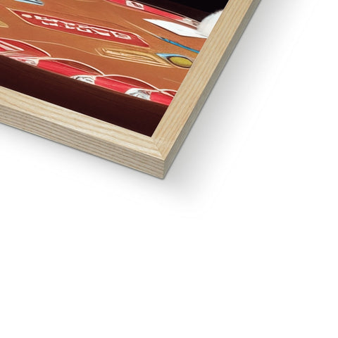 A wooden frame laying on top of a cutting board with cards laying on table table.