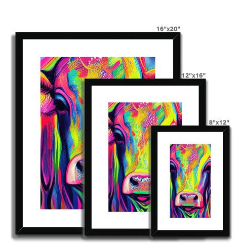 Art print of two cows standing in front of a window and a field of bushes with