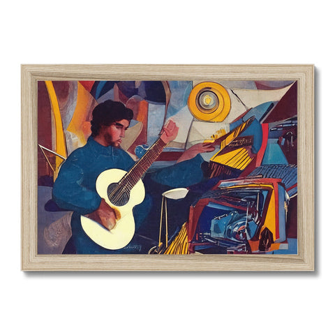 A man playing guitar with a wooden wood framed print.