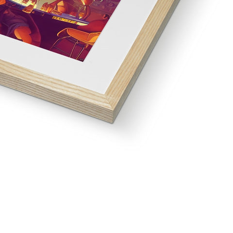 A framed picture is seen on a wooden frame in a wall next to something
