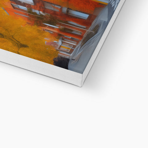 A photo has a picture of a building that has fallen down in a painting.