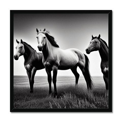 A couple of dark and white horses standing in a field.