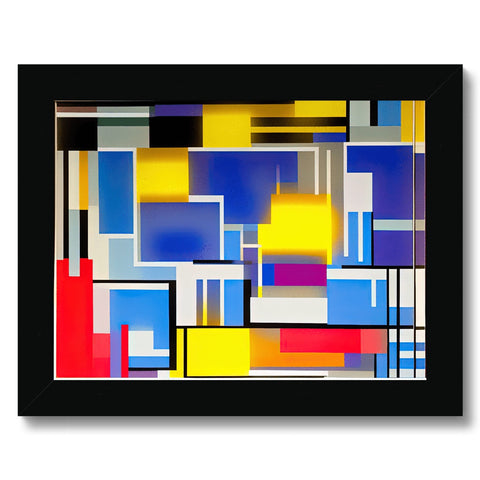 A large square sculpture that is framed in a wood frame with a border of different colors