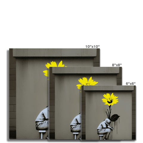 A man urinating under a couple of yellow and white flower pots.