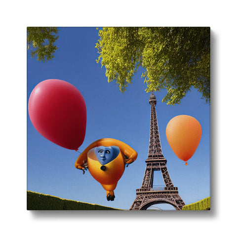 The picture is an image of a large orange and yellow hot air balloon on an empty