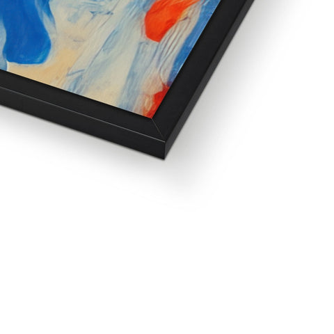 A picture frame with an  abstract painting hanging on a fireplace.