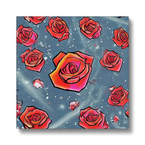 A piece of artwork on a kitchen tile with roses surrounding it.