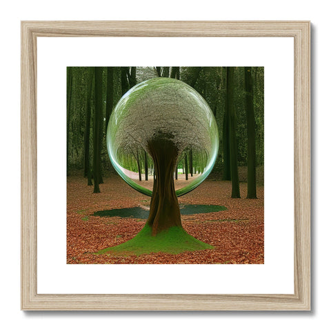 A framed picture of a green picture in a mirror with wood framed art.