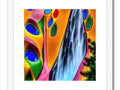 An art print with colorful water flowing down a green background.
