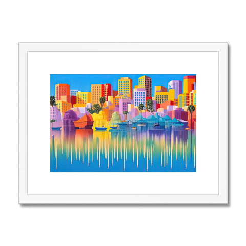 Art print with colorful city skyline and boats parked on a beach on a lake.